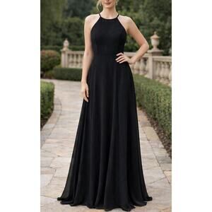 Jenny Yoo Black Halter Neck Chiffon Evening Gown Open Back Formal Dress Size 4